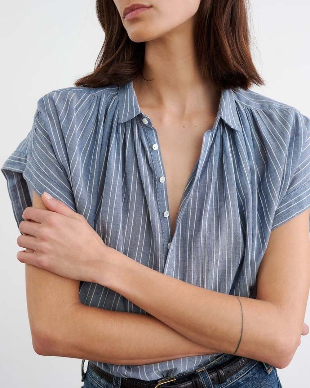 Nili Lotan Normandy Short Sleeve Collared Blouse Navy White Women's Size Small